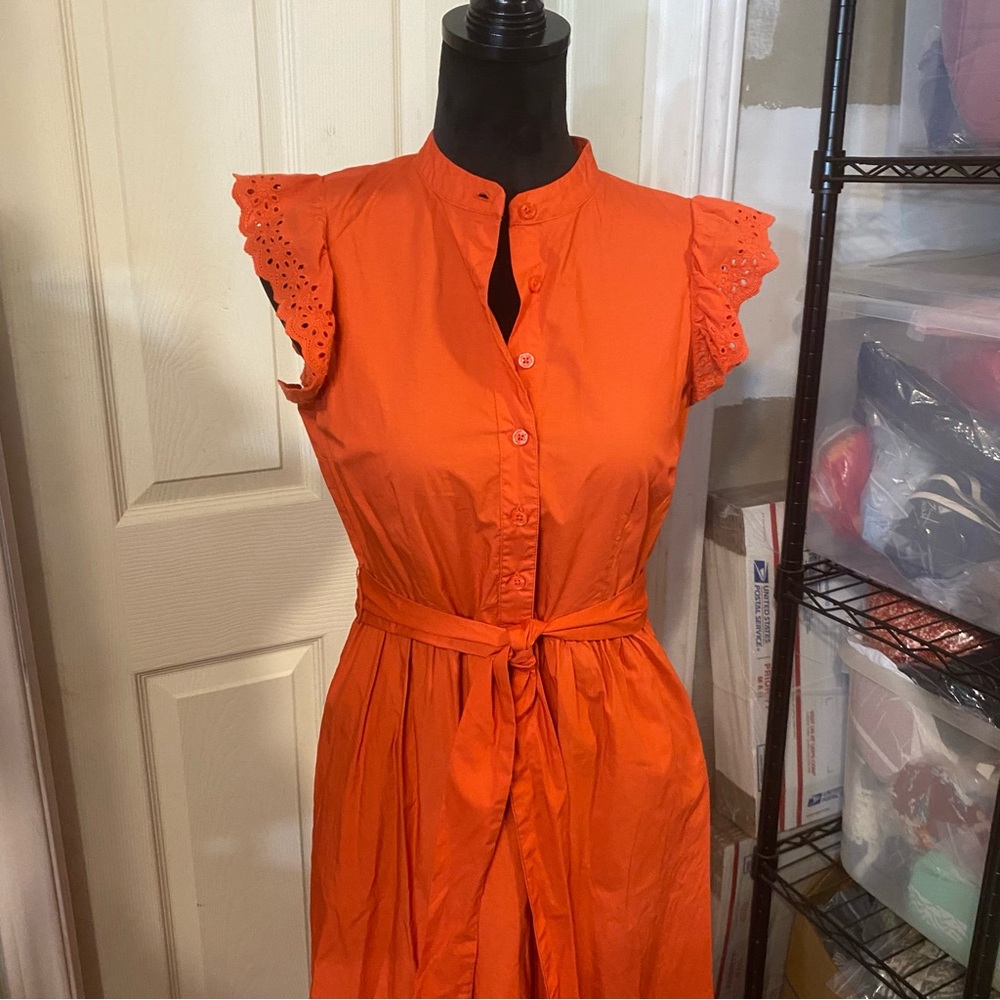 Tiered Midi Dress Eyelet Short sleeve Pleated Button Up belted Cotton Peasant - Picture 8 of 14